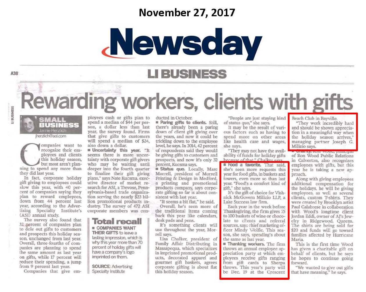 Newsday: Rewarding Workers, Clients with Gifts